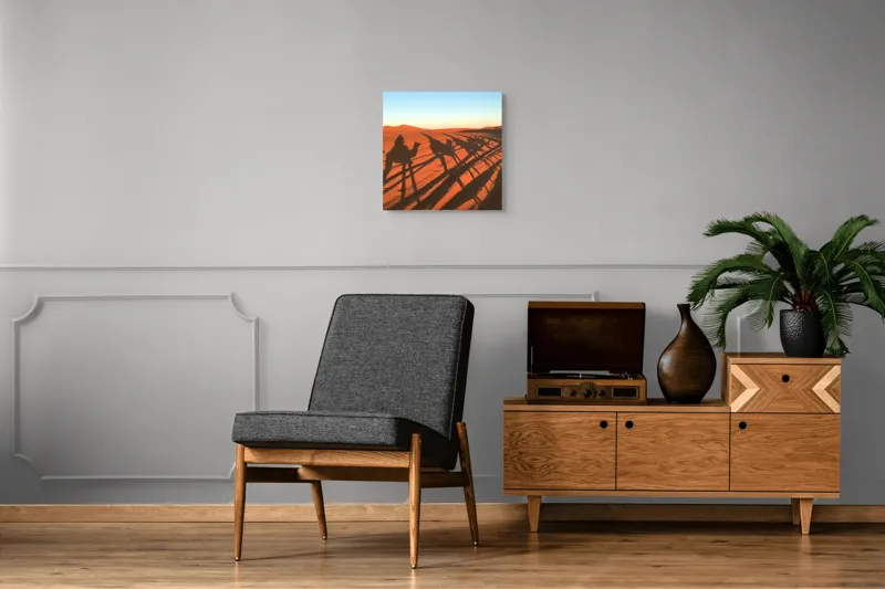 Tablou Canvas, "Umbrele cămilelor pe nisipul deșertului", Umbre, Cămile, Apus, Deșert, Dune, Nisip, Călătorie, Călătorii, 50 x 50 cm – poza 6