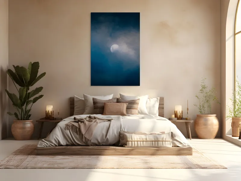 Tablou Canvas, "Luna ascunsă printre nori misterioși", Lună, Nori, Cer, Mister, Lumină, Noapte, Seninătate, 100 x 150 cm – poza 3