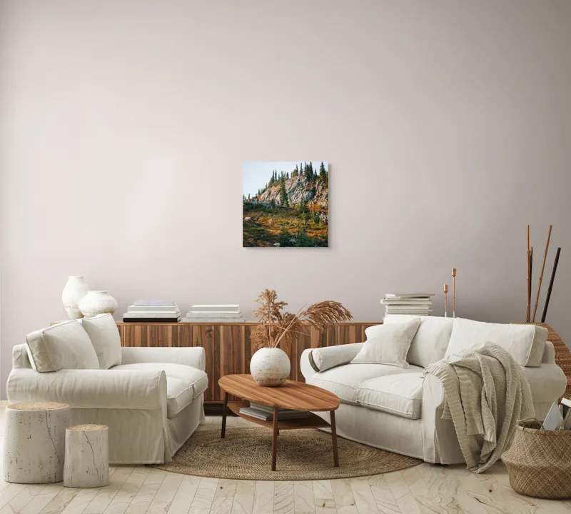 Tablou Canvas, "Toamna pe culmile stâncoase ale muntelui", Roci, Brazi, Cer, Vegetație, Pante, Natură, Peisaj., 50 x 50 cm – poza 7