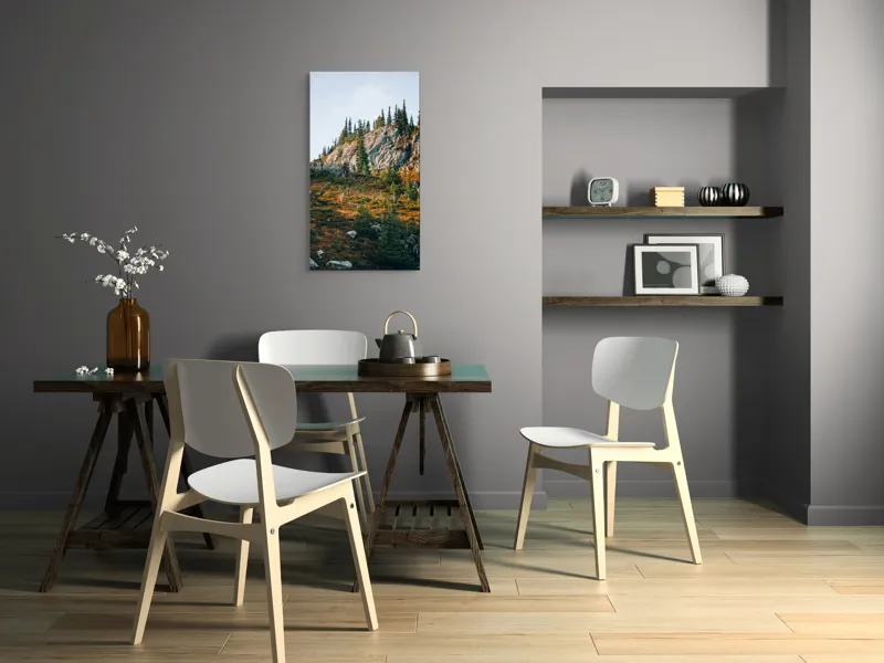 Tablou Canvas, "Toamna pe culmile stâncoase ale muntelui", Roci, Brazi, Cer, Vegetație, Pante, Natură, Peisaj., 50 x 90 cm – poza 4