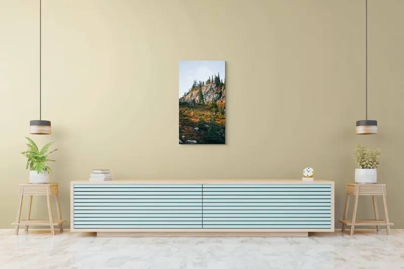 Tablou Canvas, "Toamna pe culmile stâncoase ale muntelui", Roci, Brazi, Cer, Vegetație, Pante, Natură, Peisaj., 50 x 90 cm – poza 6