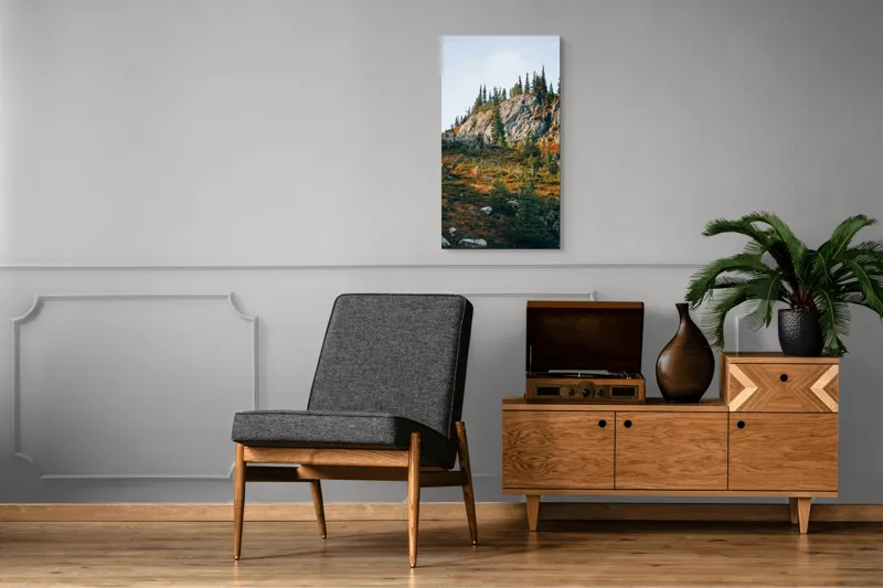 Tablou Canvas, "Toamna pe culmile stâncoase ale muntelui", Roci, Brazi, Cer, Vegetație, Pante, Natură, Peisaj., 50 x 90 cm – poza 8