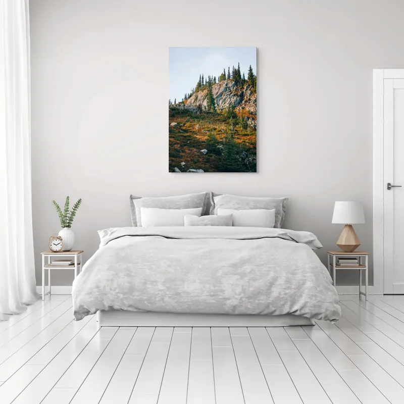 Tablou Canvas, "Toamna pe culmile stâncoase ale muntelui", Roci, Brazi, Cer, Vegetație, Pante, Natură, Peisaj., 70 x 100 cm – poza 3