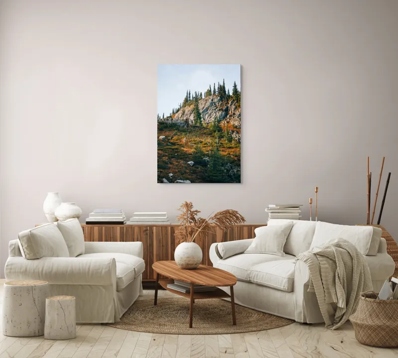 Tablou Canvas, "Toamna pe culmile stâncoase ale muntelui", Roci, Brazi, Cer, Vegetație, Pante, Natură, Peisaj., 70 x 100 cm – poza 4