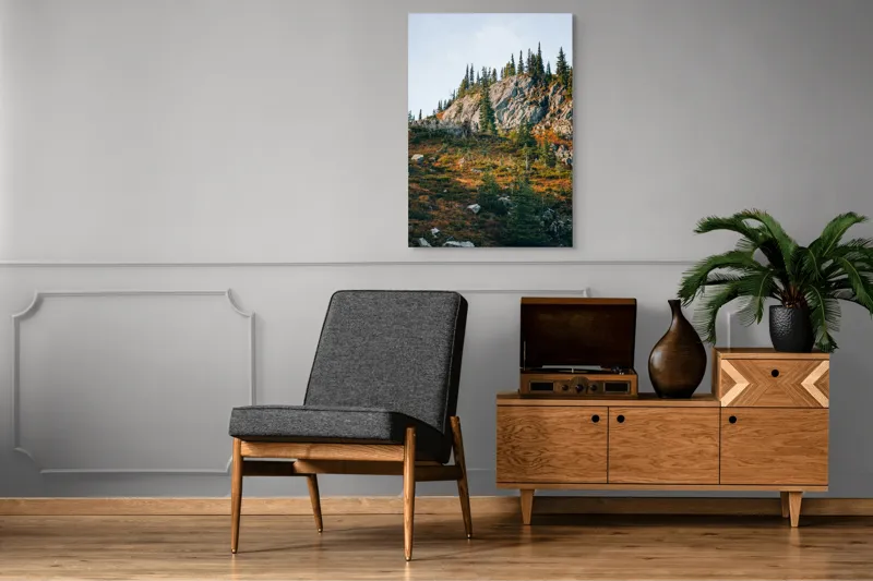Tablou Canvas, "Toamna pe culmile stâncoase ale muntelui", Roci, Brazi, Cer, Vegetație, Pante, Natură, Peisaj., 70 x 100 cm – poza 6