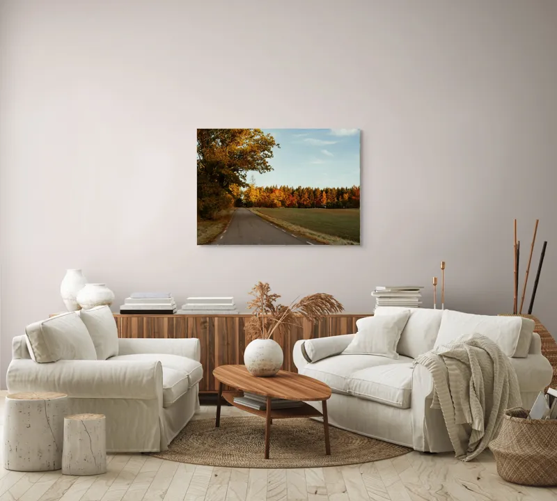 Tablou Canvas, "Drumul tăcut al toamnei aurii", Drum, Toamnă, Copaci, Frunze, Cer, Pădure, Apus, Peisaj, Natură, Frumusețe, 100 x 70 cm – poza 3