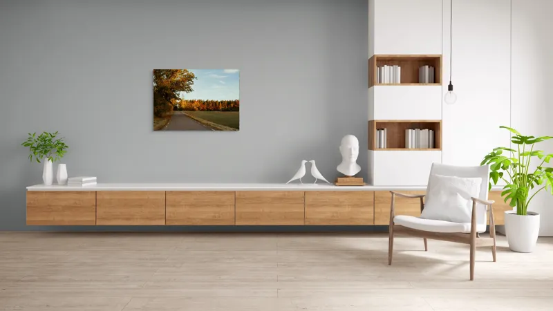 Tablou Canvas, "Drumul tăcut al toamnei aurii", Drum, Toamnă, Copaci, Frunze, Cer, Pădure, Apus, Peisaj, Natură, Frumusețe, 100 x 70 cm – poza 6