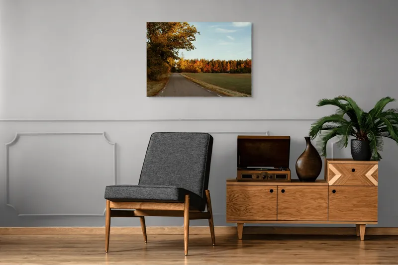 Tablou Canvas, "Drumul tăcut al toamnei aurii", Drum, Toamnă, Copaci, Frunze, Cer, Pădure, Apus, Peisaj, Natură, Frumusețe, 100 x 70 cm – poza 8