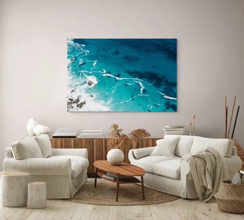 Tablou Canvas, "Valurile albastre ale oceanului liniștit", Albastru, Valuri, Spumă, Rochere, Ocean, Liniște, Natură, Sălbăticie, 150 x 100 cm – poza 3