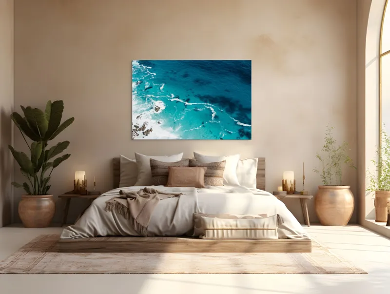 Tablou Canvas, "Valurile albastre ale oceanului liniștit", Albastru, Valuri, Spumă, Rochere, Ocean, Liniște, Natură, Sălbăticie, 150 x 100 cm – poza 4
