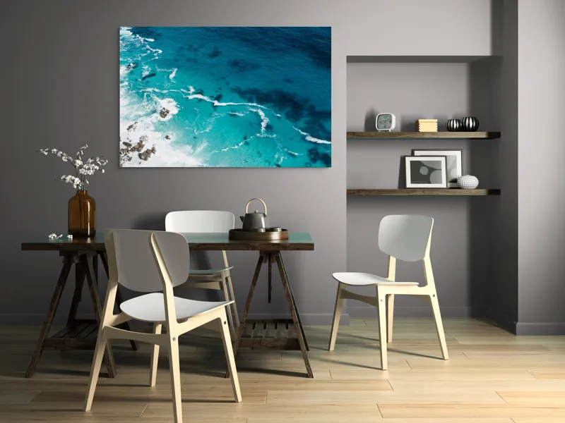 Tablou Canvas, "Valurile albastre ale oceanului liniștit", Albastru, Valuri, Spumă, Rochere, Ocean, Liniște, Natură, Sălbăticie, 150 x 100 cm – poza 5
