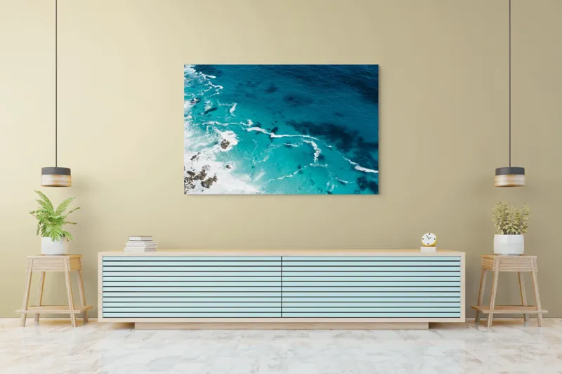 Tablou Canvas, "Valurile albastre ale oceanului liniștit", Albastru, Valuri, Spumă, Rochere, Ocean, Liniște, Natură, Sălbăticie, 150 x 100 cm – poza 6