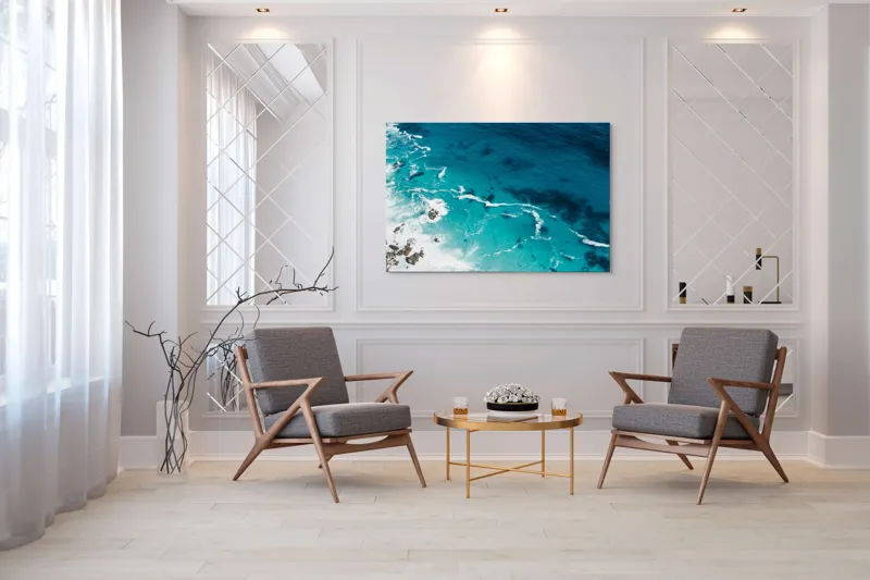 Tablou Canvas, "Valurile albastre ale oceanului liniștit", Albastru, Valuri, Spumă, Rochere, Ocean, Liniște, Natură, Sălbăticie, 150 x 100 cm – poza 7