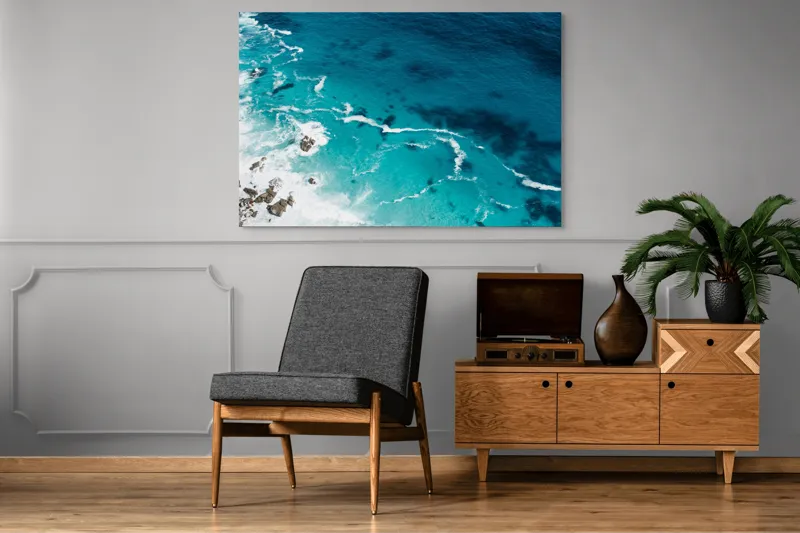 Tablou Canvas, "Valurile albastre ale oceanului liniștit", Albastru, Valuri, Spumă, Rochere, Ocean, Liniște, Natură, Sălbăticie, 150 x 100 cm – poza 8