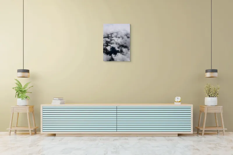 Tablou Canvas, "Munte ascuns printre nori albi", Norii, Zăpadă, Munți, Mister, Frig, Înalt, Viziune, Natură, Serenity, Contrast, 50 x 70 cm – poza 6
