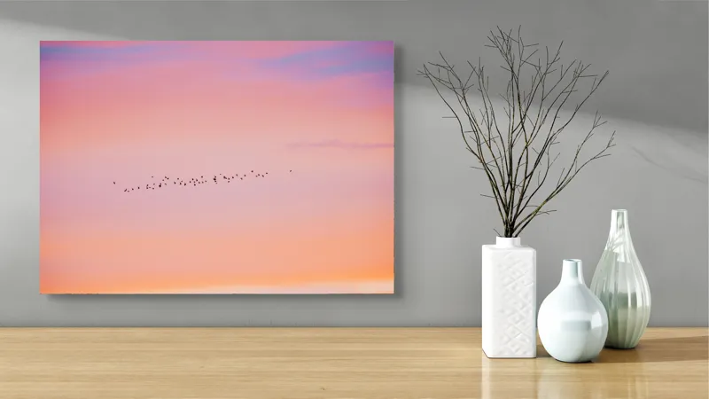 Tablou Canvas, "Zborul păsărilor în amurg pastelat", Apus, Păsări, Cer, Roz, Portocaliu, Nor, Pastel, Linie., 70 x 50 cm – poza 3