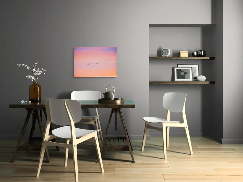 Tablou Canvas, "Zborul păsărilor în amurg pastelat", Apus, Păsări, Cer, Roz, Portocaliu, Nor, Pastel, Linie., 70 x 50 cm – poza 5