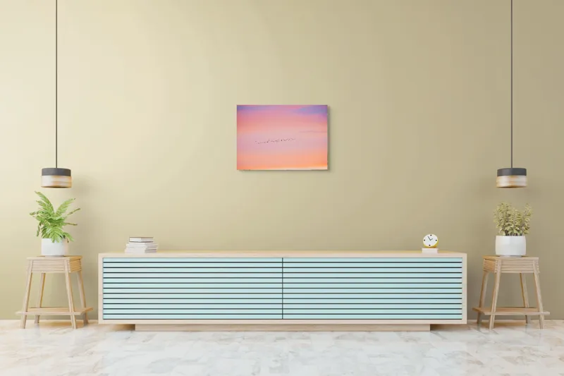 Tablou Canvas, "Zborul păsărilor în amurg pastelat", Apus, Păsări, Cer, Roz, Portocaliu, Nor, Pastel, Linie., 70 x 50 cm – poza 7