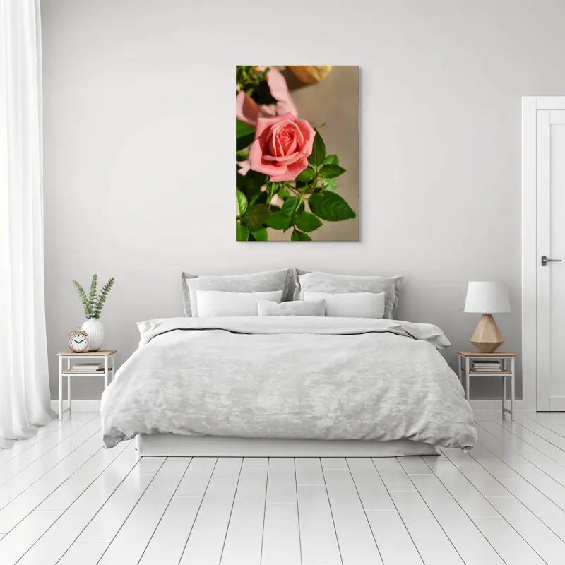 Tablou Canvas, "Trandafirul culorilor delicate ale iubirii", Frumusețe, Delicatețe, Roz, Petale, Frunză, Natură, Prospețime, Grădină, Eleganță, Simplitate, 70 x 100 cm – poza 3