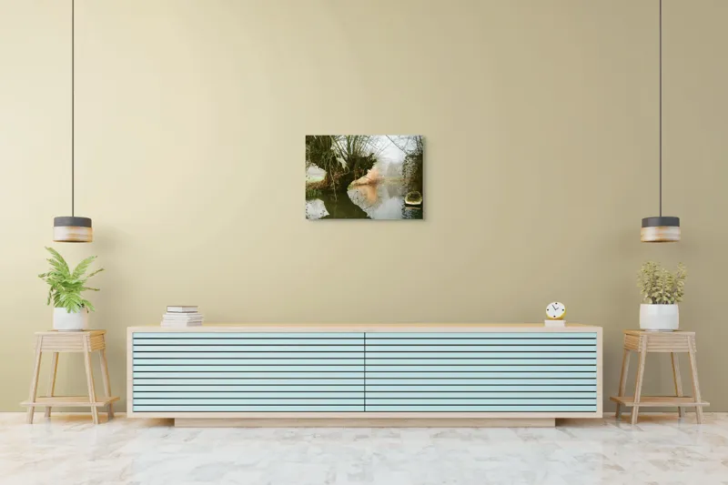 Tablou Canvas, "Apele liniștite ale dimineții de toamnă", Arbore, Reflectare, Barcă, Apă, Ceață, Natură, Râu, Vegetație, Liniște, Peisaj., 70 x 50 cm – poza 7