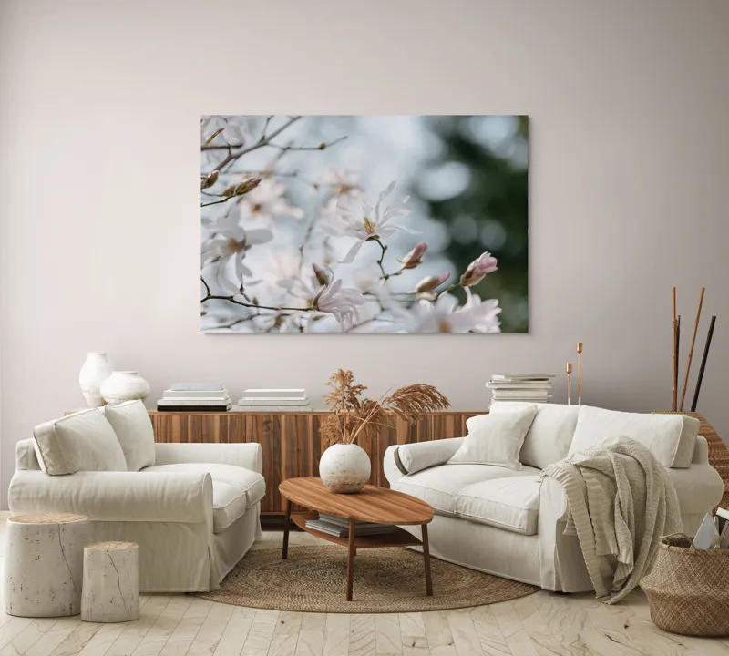 Tablou Canvas, "Flori albe sub cer senin", Delicatețe, Floare, Primăvară, Muguri, Natură, Renaștere, Frumusețe, Harmony, Luminozitate, Calmitate, 150 x 100 cm – poza 3