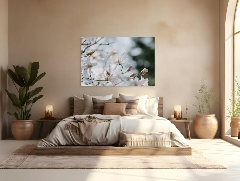 Tablou Canvas, "Flori albe sub cer senin", Delicatețe, Floare, Primăvară, Muguri, Natură, Renaștere, Frumusețe, Harmony, Luminozitate, Calmitate, 150 x 100 cm – poza 4