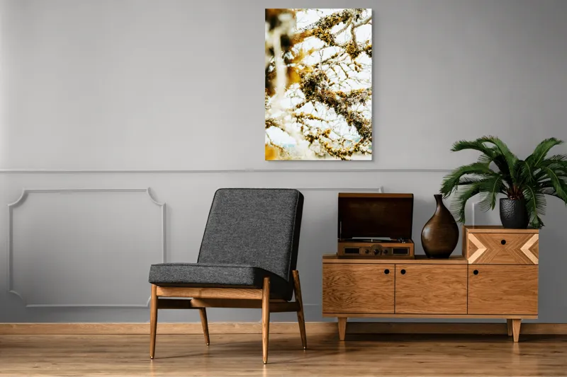 Tablou Canvas, "Crengile acoperite de mușchi toamna", Frunziș, Încâlcit, Texturi, Mușchi, Ramuri, Deschis, Natural, Complex, Organic, Pământiu, 70 x 100 cm – poza 6