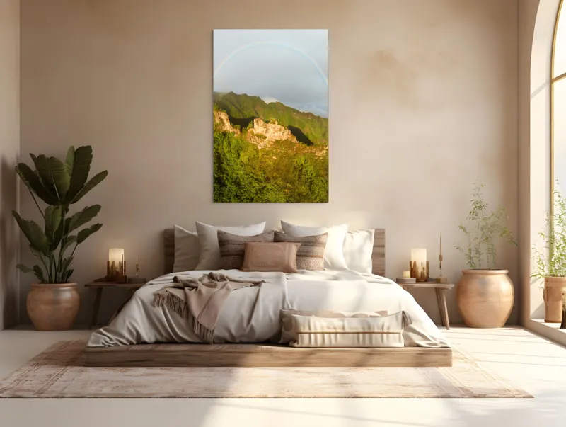 Tablou Canvas, "Curcubeu peste stâncile înverzite", Curcubeu, Munți, Vegetație, Nori, Peisaj, Verdeață, Frumusețe, Natural., 100 x 150 cm – poza 3