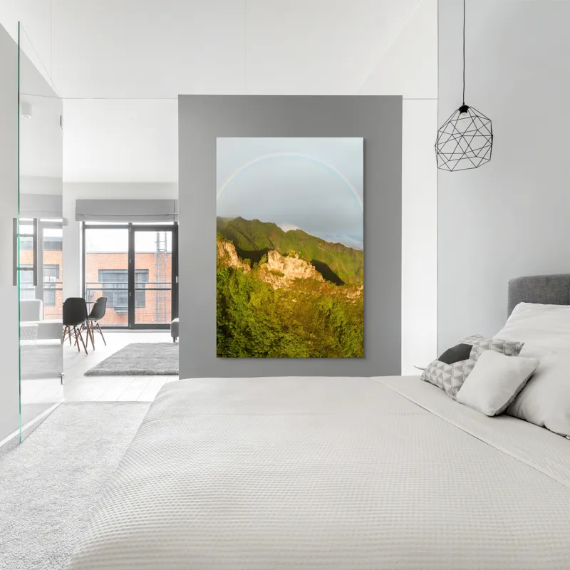 Tablou Canvas, "Curcubeu peste stâncile înverzite", Curcubeu, Munți, Vegetație, Nori, Peisaj, Verdeață, Frumusețe, Natural., 100 x 150 cm – poza 5