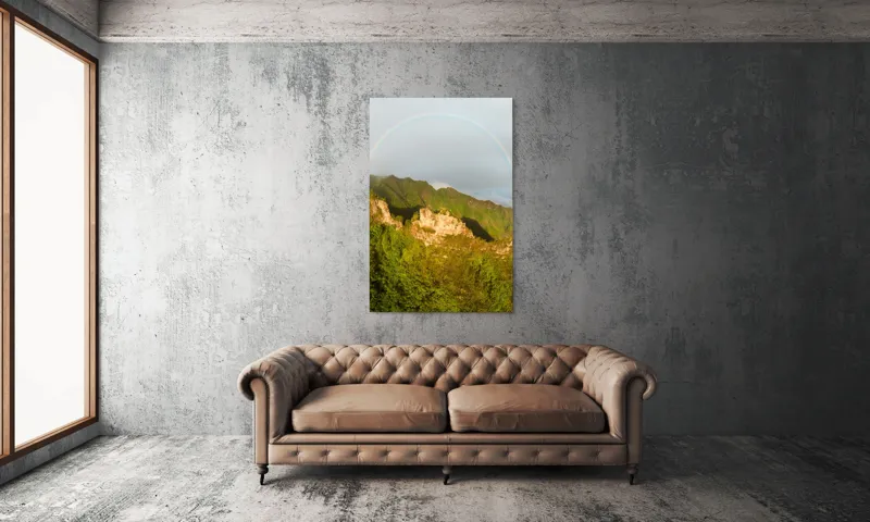 Tablou Canvas, "Curcubeu peste stâncile înverzite", Curcubeu, Munți, Vegetație, Nori, Peisaj, Verdeață, Frumusețe, Natural., 100 x 150 cm – poza 6