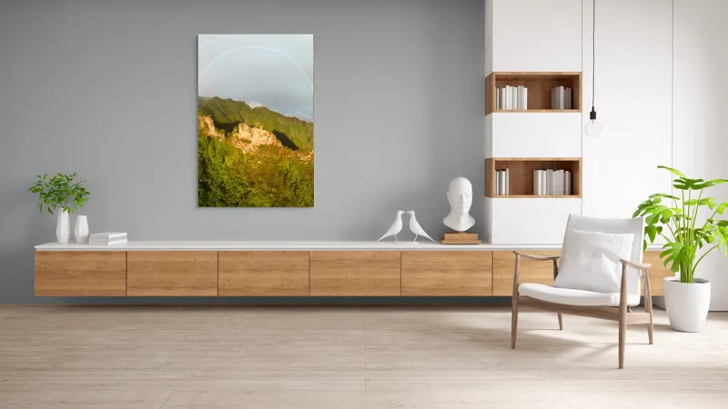 Tablou Canvas, "Curcubeu peste stâncile înverzite", Curcubeu, Munți, Vegetație, Nori, Peisaj, Verdeață, Frumusețe, Natural., 100 x 150 cm – poza 8