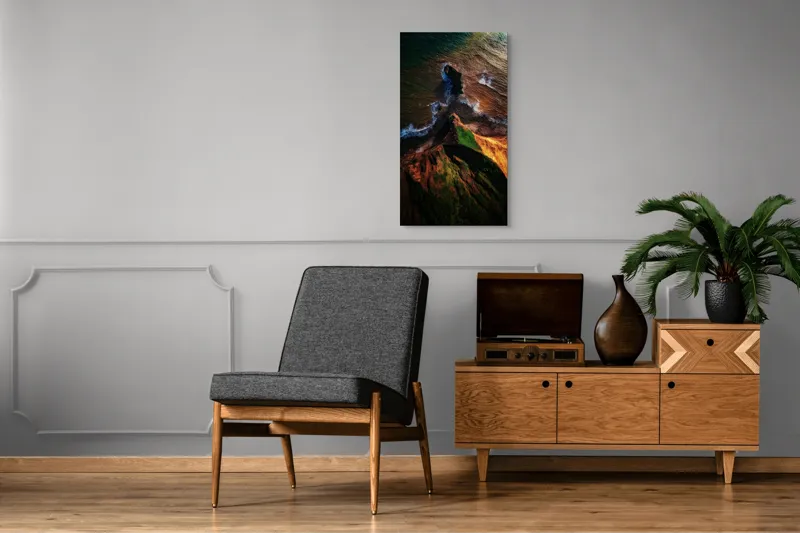 Tablou Canvas, "Colț de stâncă la apus", Scarpă, Apus, Ocean, Valuri, Roci, Vegetație, Contrast, Lumină, Natura., 50 x 90 cm – poza 8