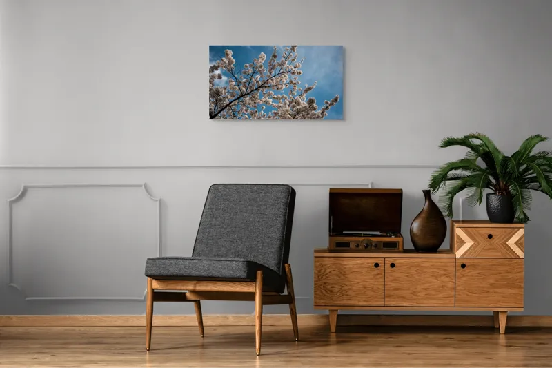 Tablou Canvas, "Flori de cireș sub cer senin", Cer, Flori, Ramuri, Primăvară, Nori, Albastru, Natură, Delicatețe, 90 x 50 cm – poza 6