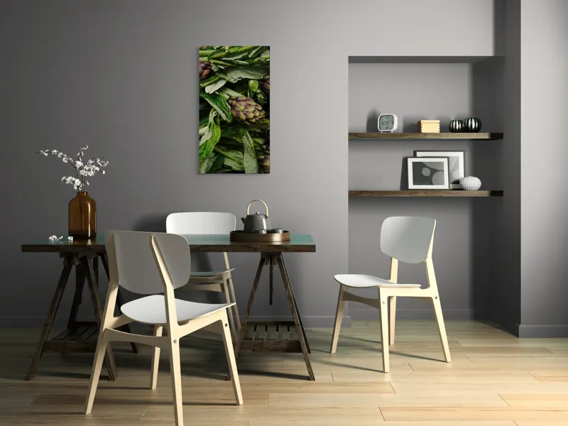 Tablou Canvas, "Anghinare proaspete în grădina de vară", Anghinare, Frunze, Verde, Purpuriu, Textură, Prospețime, Organice, 50 x 90 cm – poza 4