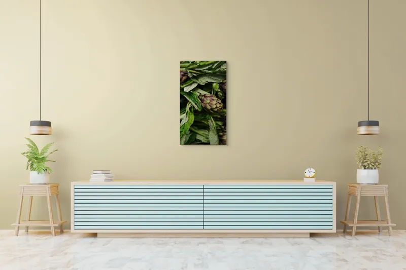 Tablou Canvas, "Anghinare proaspete în grădina de vară", Anghinare, Frunze, Verde, Purpuriu, Textură, Prospețime, Organice, 50 x 90 cm – poza 6