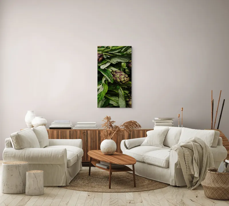 Tablou Canvas, "Anghinare proaspete în grădina de vară", Anghinare, Frunze, Verde, Purpuriu, Textură, Prospețime, Organice, 50 x 90 cm – poza 7