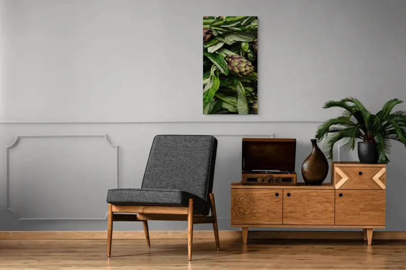 Tablou Canvas, "Anghinare proaspete în grădina de vară", Anghinare, Frunze, Verde, Purpuriu, Textură, Prospețime, Organice, 50 x 90 cm – poza 8