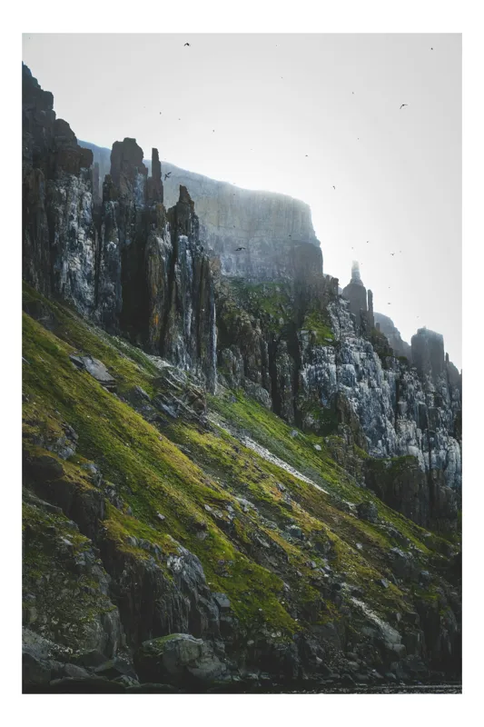 Tablou Canvas, "Misterul stâncilor învăluite în ceață", Stânci, Înălțime, Păsări, Verdeață, Ceață, Rocă, Natură, Impresionant, Sălbatic, Pitoresc, 100 x 100 cm