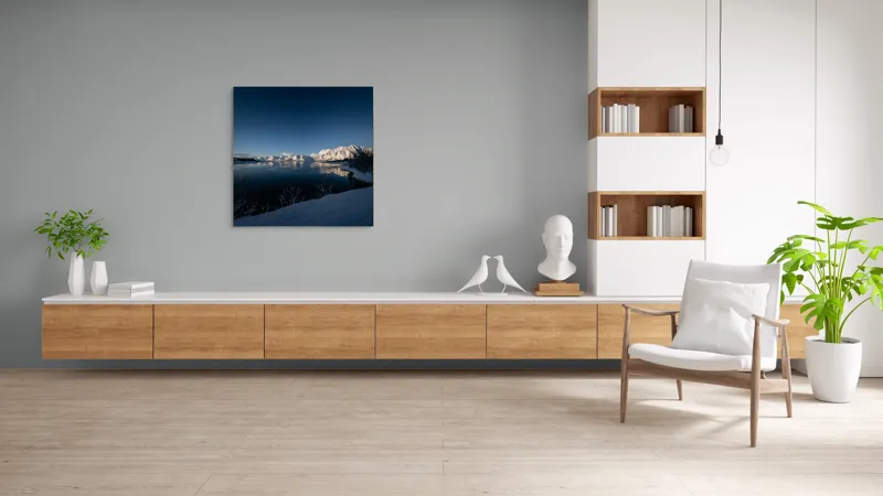 Tablou Canvas, "Întâlnirea iernii cu munții înzăpeziți", Munte, Zăpadă, Reflecție, Lumină, Cer, Apus, Apă, Tăcere, Frig, Natură, 100 x 100 cm – poza 8