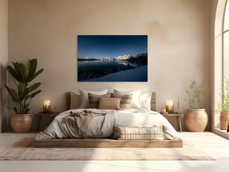 Tablou Canvas, "Întâlnirea iernii cu munții înzăpeziți", Munte, Zăpadă, Reflecție, Lumină, Cer, Apus, Apă, Tăcere, Frig, Natură, 150 x 100 cm – poza 4