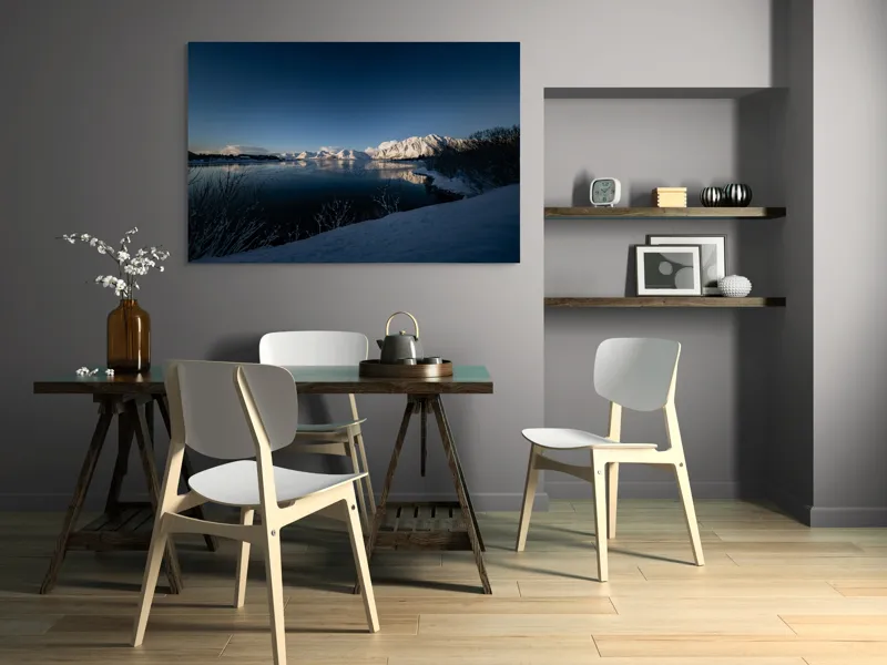 Tablou Canvas, "Întâlnirea iernii cu munții înzăpeziți", Munte, Zăpadă, Reflecție, Lumină, Cer, Apus, Apă, Tăcere, Frig, Natură, 150 x 100 cm – poza 5