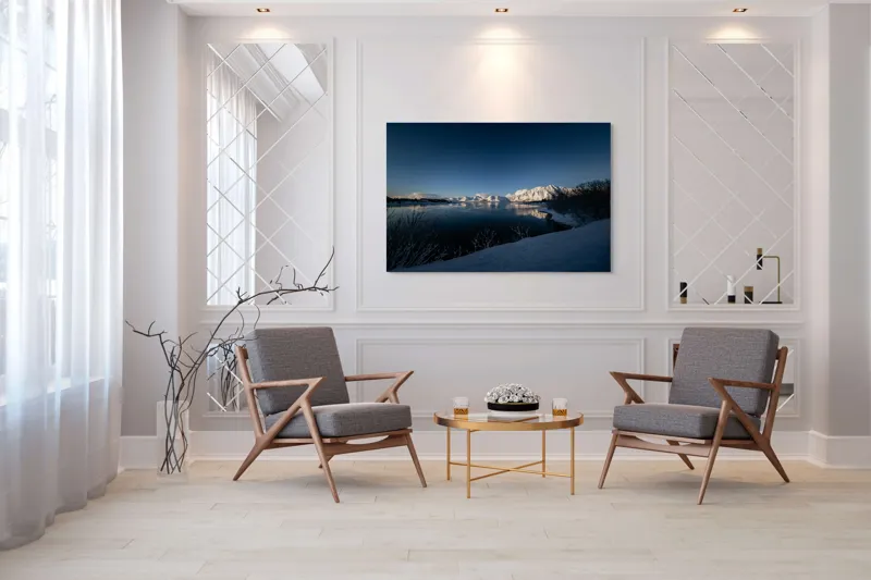 Tablou Canvas, "Întâlnirea iernii cu munții înzăpeziți", Munte, Zăpadă, Reflecție, Lumină, Cer, Apus, Apă, Tăcere, Frig, Natură, 150 x 100 cm – poza 7