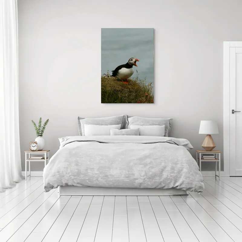 Tablou Canvas, "Puffin pe marginea stâncii nordice", Puffin, Ocean, Cliff, Grass, Beak, Wildlife, Nature, Wing, Feathers, Overcast, 70 x 100 cm – poza 3