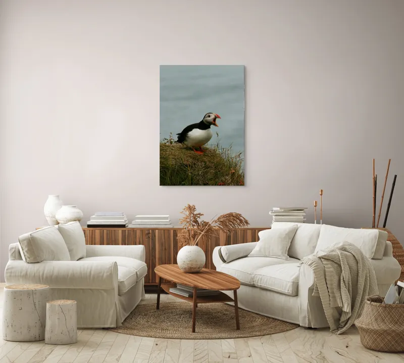 Tablou Canvas, "Puffin pe marginea stâncii nordice", Puffin, Ocean, Cliff, Grass, Beak, Wildlife, Nature, Wing, Feathers, Overcast, 70 x 100 cm – poza 4