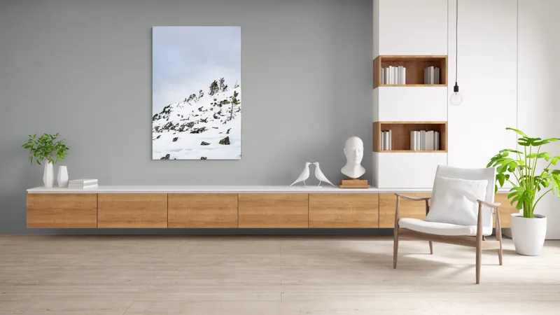 Tablou Canvas, "Pinii singuratici pe creasta înzăpezită", Zăpadă, Cer, Copaci, Stânci, Natură, Iarnă, Vânt, Deal, 100 x 150 cm – poza 8
