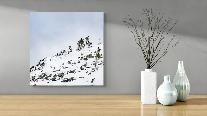 Tablou Canvas, "Pinii singuratici pe creasta înzăpezită", Zăpadă, Cer, Copaci, Stânci, Natură, Iarnă, Vânt, Deal, 50 x 50 cm – poza 3