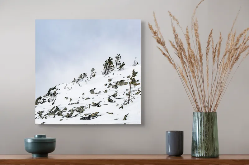 Tablou Canvas, "Pinii singuratici pe creasta înzăpezită", Zăpadă, Cer, Copaci, Stânci, Natură, Iarnă, Vânt, Deal, 50 x 50 cm – poza 4