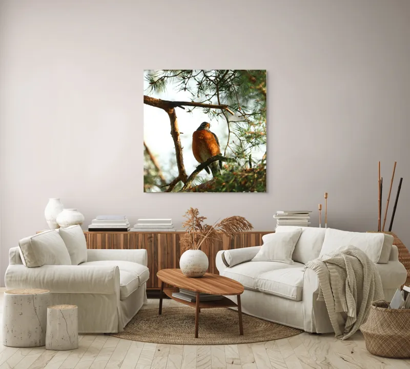 Tablou Canvas, "Păsărea contemplativă printre ramuri verzi", Pasăre, Crengi, Frunziș, Soare, Cer, Verde, Natură, Odihnă, 100 x 100 cm – poza 3
