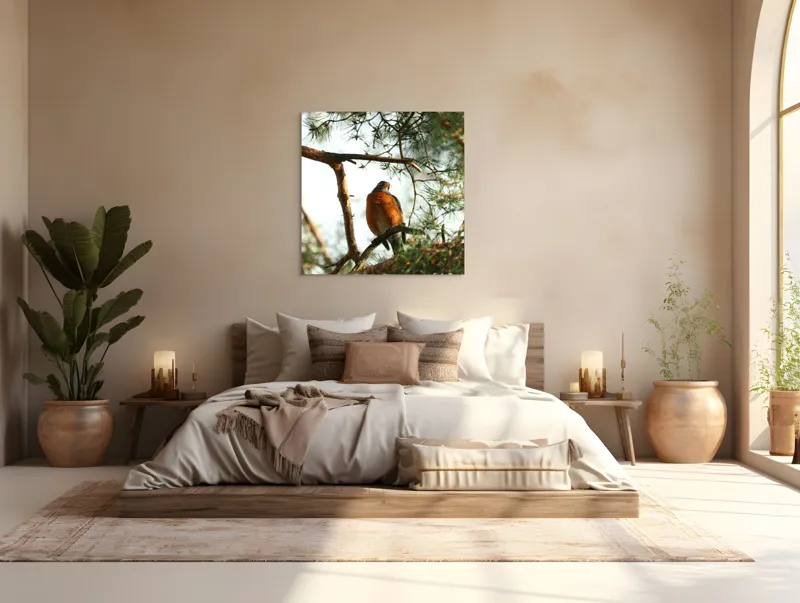 Tablou Canvas, "Păsărea contemplativă printre ramuri verzi", Pasăre, Crengi, Frunziș, Soare, Cer, Verde, Natură, Odihnă, 100 x 100 cm – poza 4