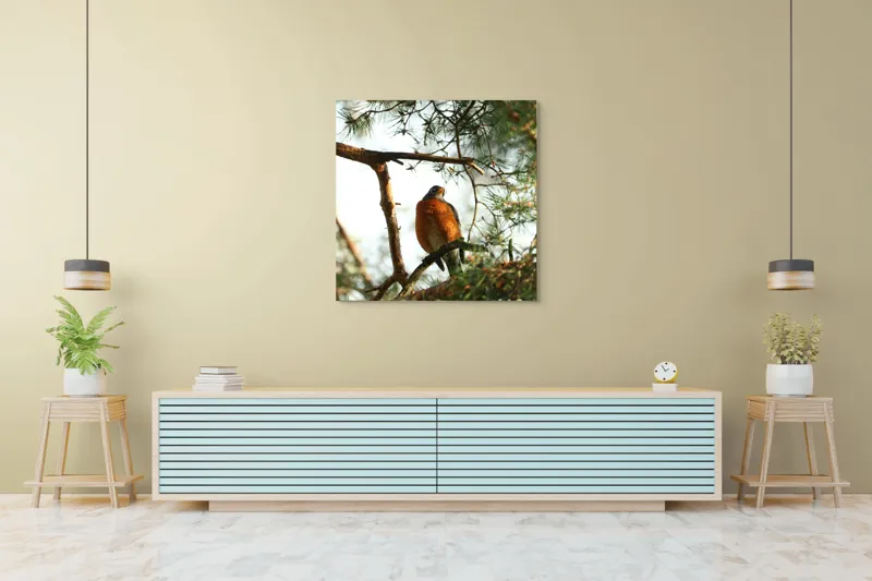 Tablou Canvas, "Păsărea contemplativă printre ramuri verzi", Pasăre, Crengi, Frunziș, Soare, Cer, Verde, Natură, Odihnă, 100 x 100 cm – poza 5